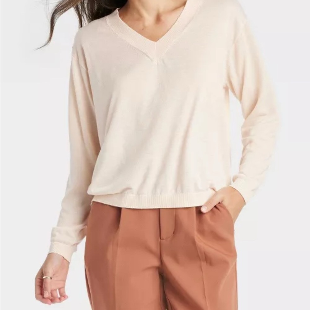 a new day Cream V-Neck Sweater Lightweight Knit